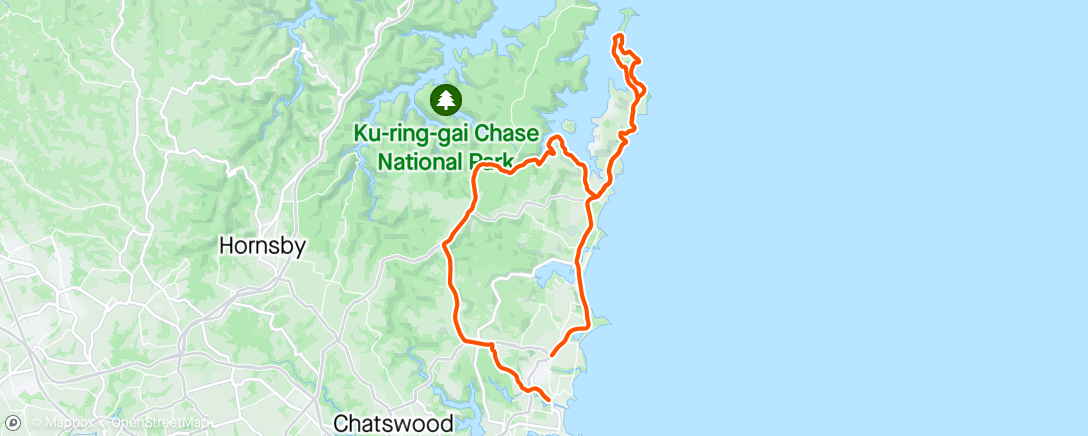 Map of the activity, Manly > Palmy > Terrey > Manly - 72kms