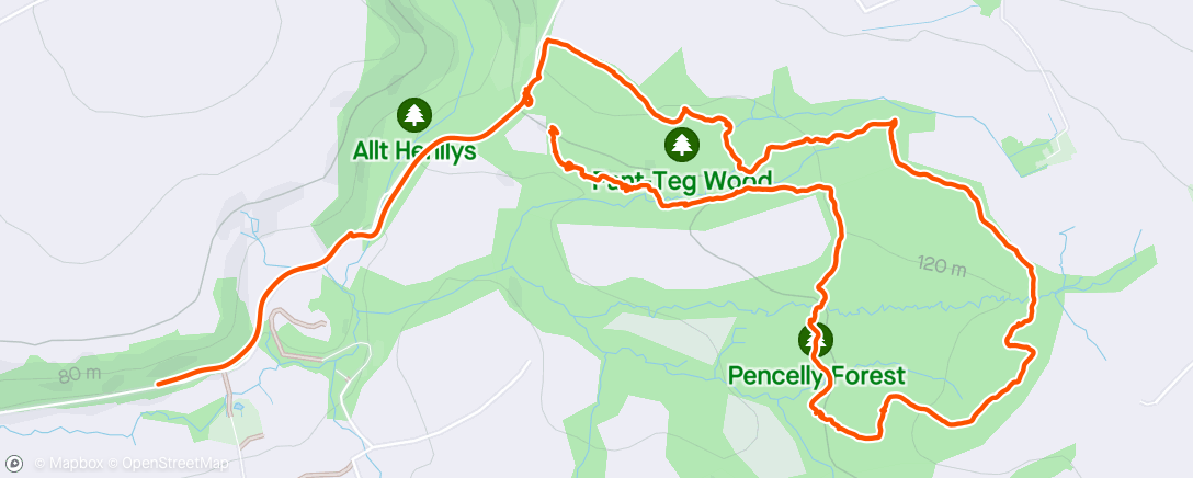 Map of the activity, Woodland nature walk with Betsi and Mossy. 🐦‍⬛🦚🦃 Not often you have to stop the car to move a reluctant peacock out of the road!