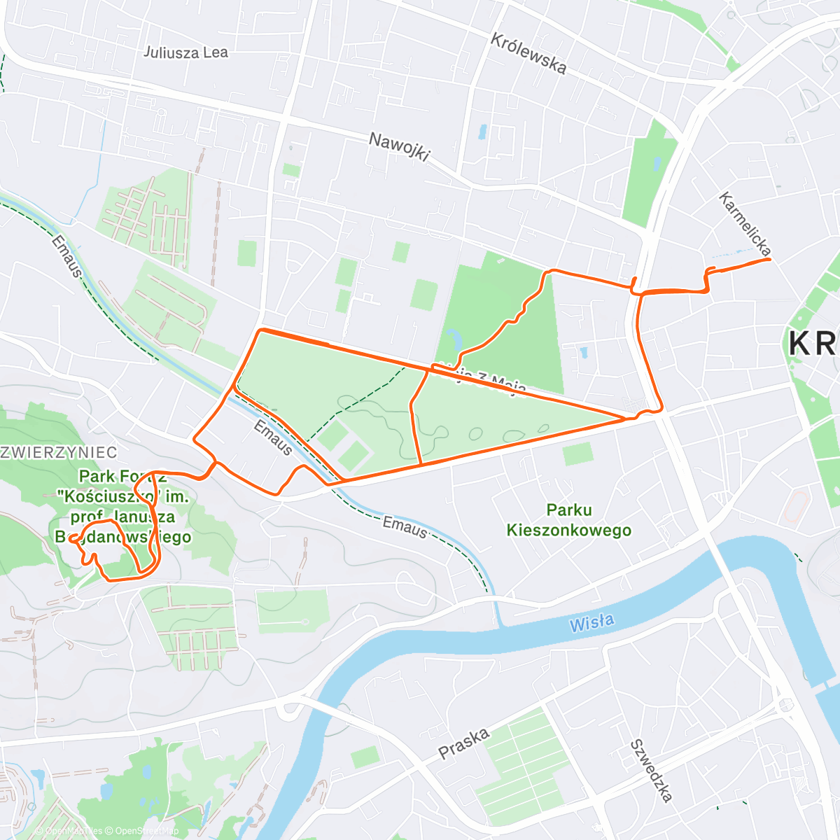 Map of the activity, Krakow parkrun 🌳 18:28 🥉