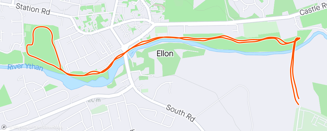 Mapa da atividade, Ellon parkrun - 1st K running then jeffed 45/30