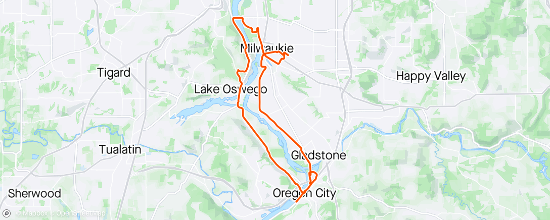 Map of the activity, Into Oregon City and then home via Lake Oswego