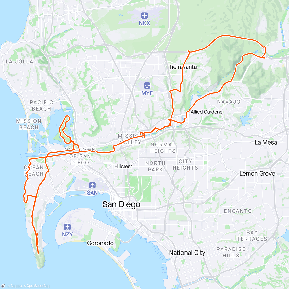 Mapa de la actividad (Santee to Cabrillo via bike path mostly, return via 52)