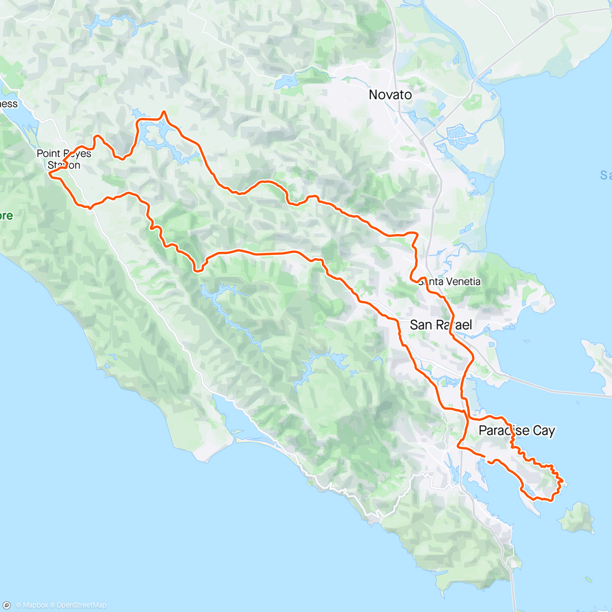 Map of the activity, Point Reyes loop should have been 90 miles but still worthy ride  - thanks Tamás for training with me -4 weeks to go  b4  SF - NY !