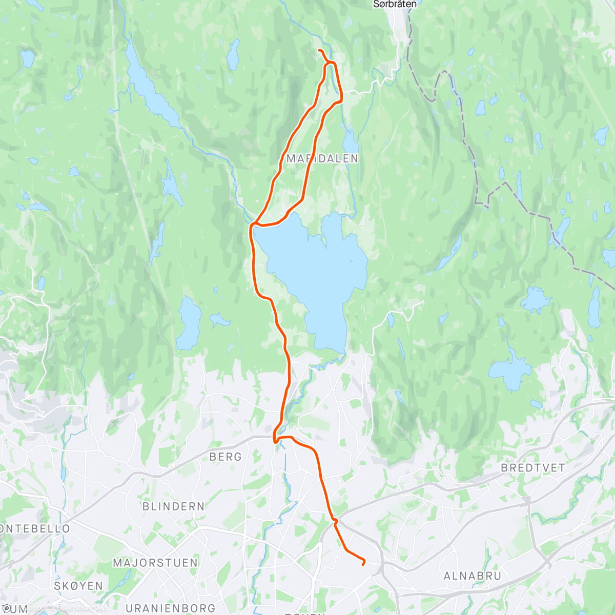 Map of the activity, 10km terskeldrag i Maridalen med Sebastian🚴🏼‍♂️