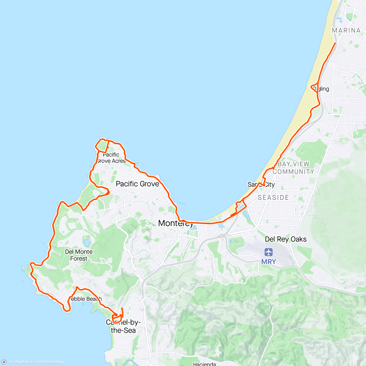 Карта физической активности (Carmel to Marina though Pebble Beach)