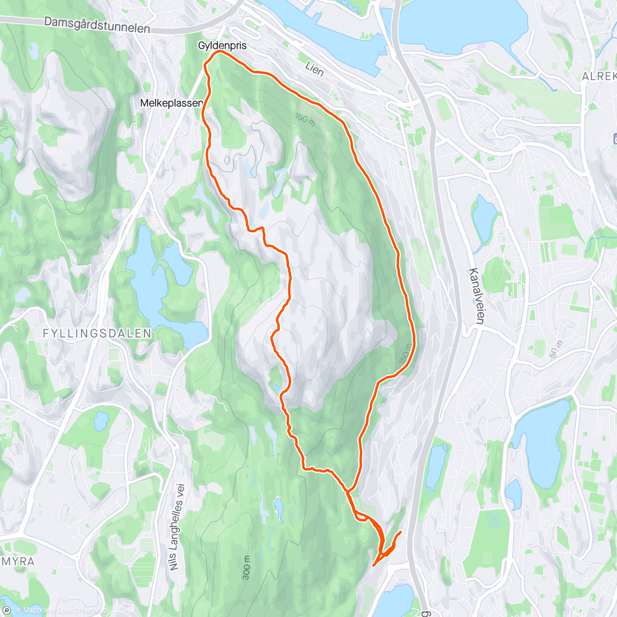Mapa de la actividad (Løvstakken og Løvstien med A og E)