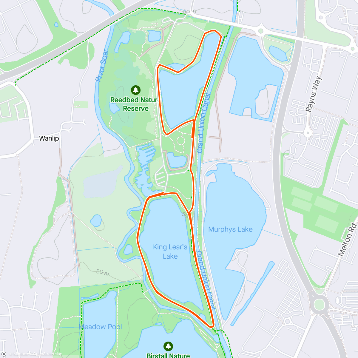 Map of the activity, Sorry not sorry in the last 300m for a) jabbing Ibs in the side as I ran by him and b) loudly pointing out a Cetti's Warbler song 😁. And special thanks to Elisa for unbeknowningly pacing me the whole way round!! Stats: