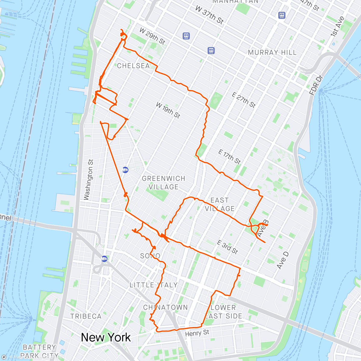 Mapa de la actividad (Gatelangs i NYC med Tuva – Dag 1)