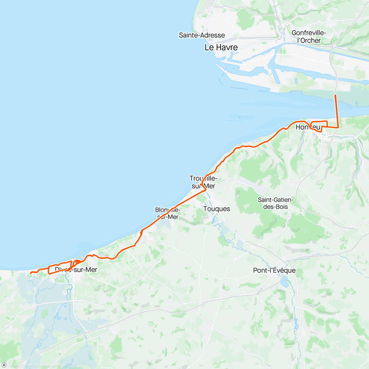 Map of the activity, Gravel, aller retour, Cabourg Deauville Honfleur 👍 et traverser du Pont de Normandie 😳😳