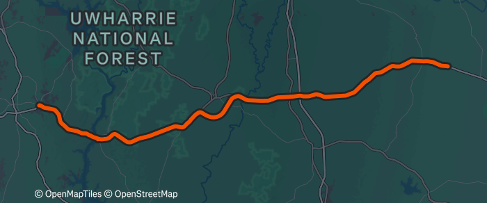 Day 9 route map: Albemarle, NC to Outskirts of Garners Store, NC