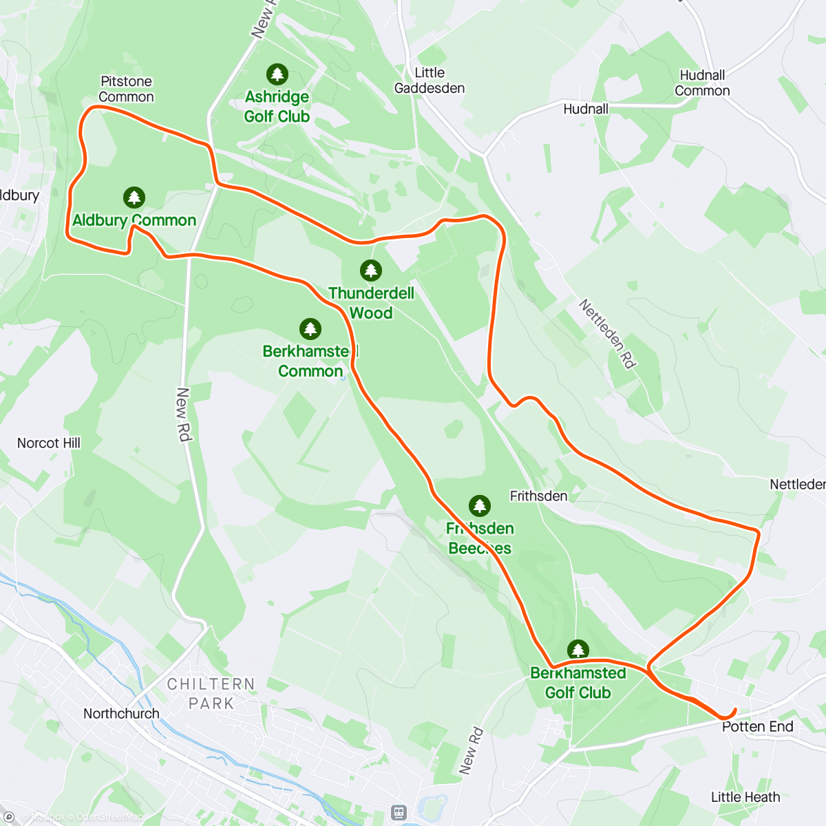 Map of the activity, Potten End to Ashridge and back group run 🌄