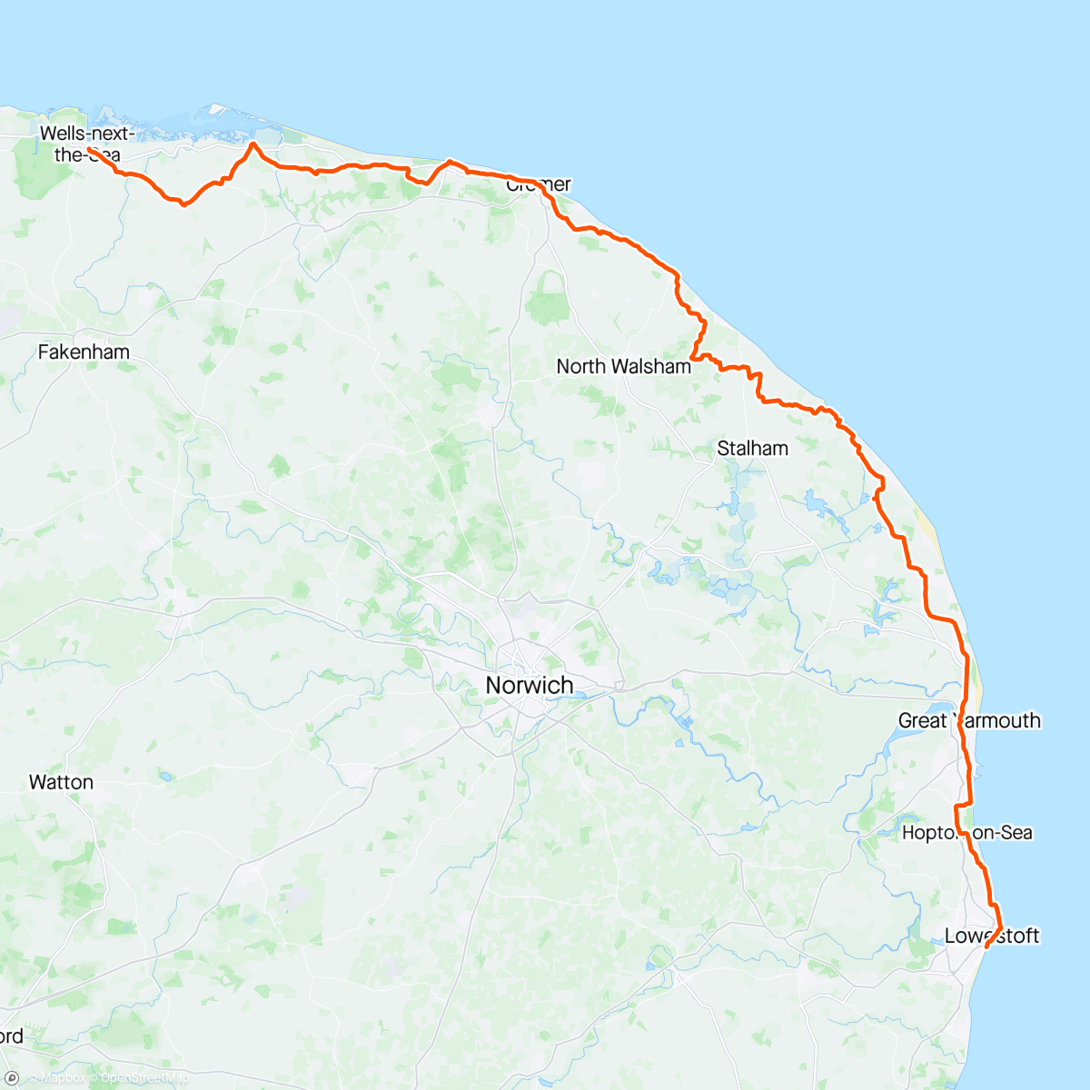 Map of the activity, Day 3/4 400km Norfolk Coastal Path - Wells to Lowestoft (121k)