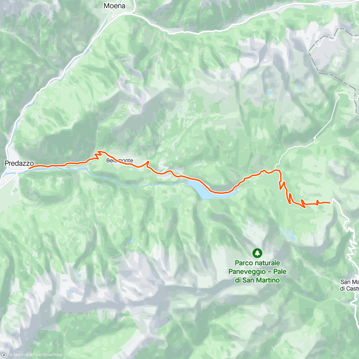 Map of the activity, ROUVY - Predazzo to Passo Rolle | Italy | Muscle Tension Intervals 4 x 8 minutes