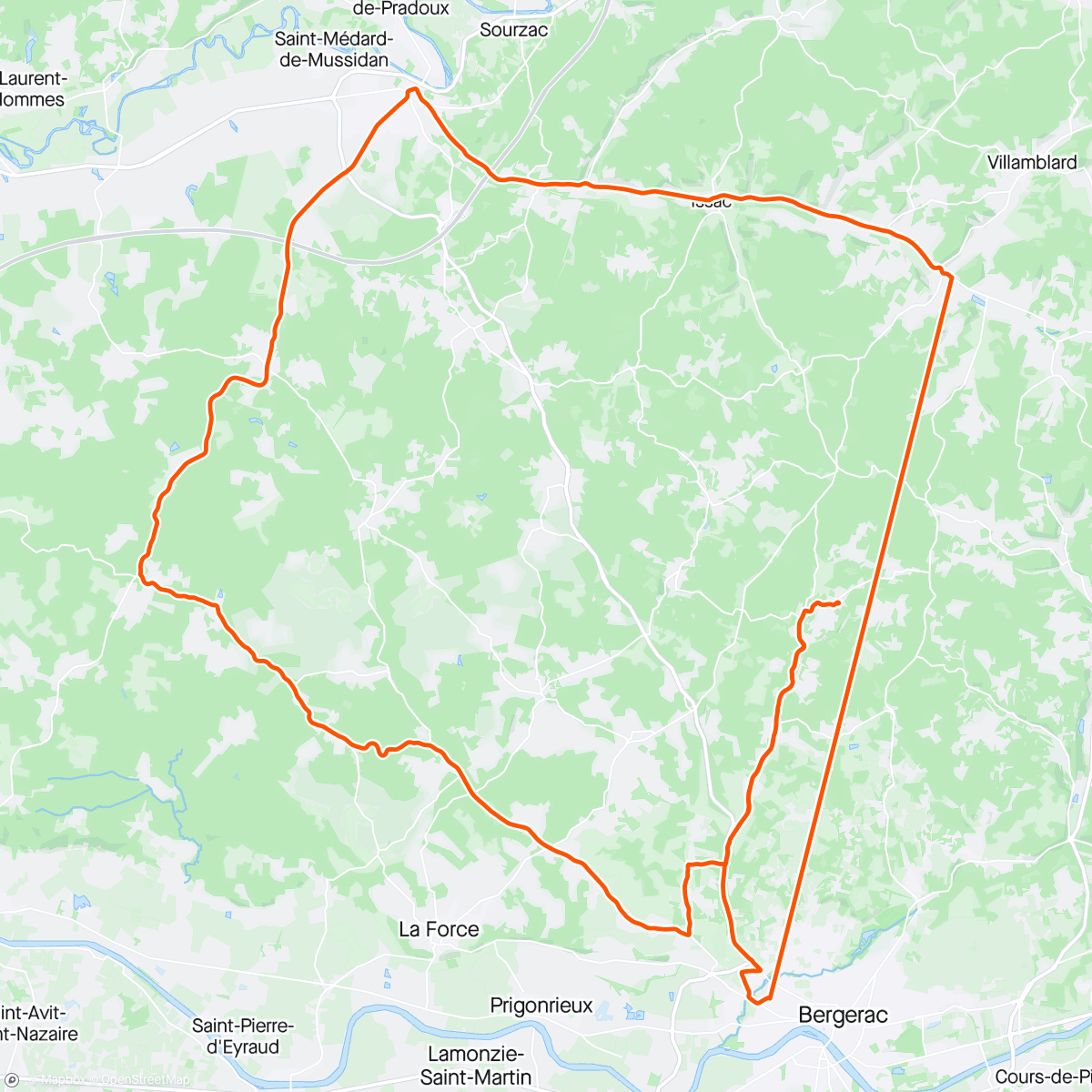 Mapa de la actividad (Vélo du matin, groupe Maurens, super agréable et arrêt café à Mussidan sympa et merci à Jack 👍 🤗. Erreur compteur :87kms)