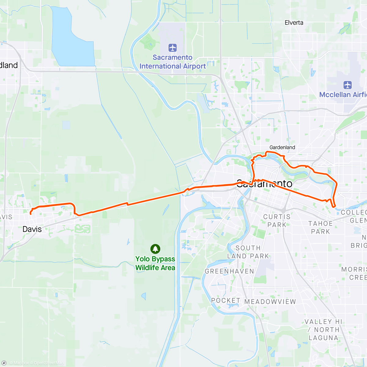 Map of the activity, Enchanting, cloudy, windy Second Full Corn Super Moon ride, to Sac, got real slow and a bit tough and chilly on the way back with headwind 🦁 ⛅️🌕🌽🌕🌬️🛣️🚴‍♀️🪄🌊💖🩵