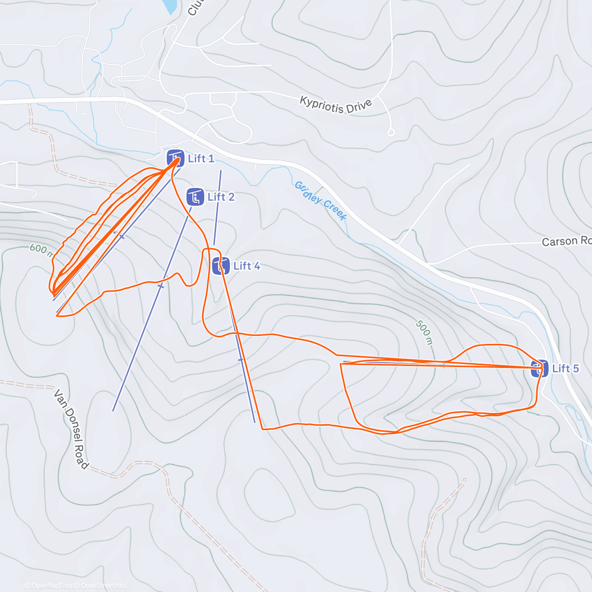 Map of the activity, Greek Peak after the snowstorm, final day with Ryan