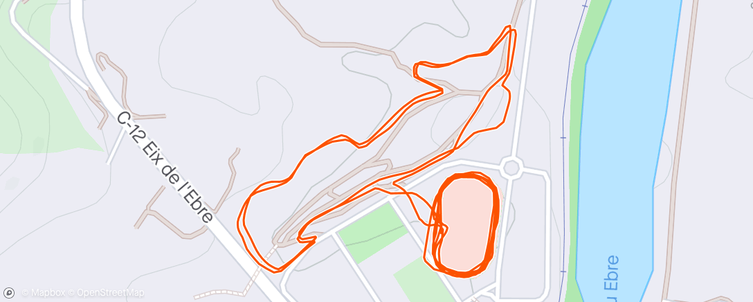 Map of the activity, 2 voltes al circuit de bici, 2' de rec. 1km normal i un a 4'km, refredar caminant