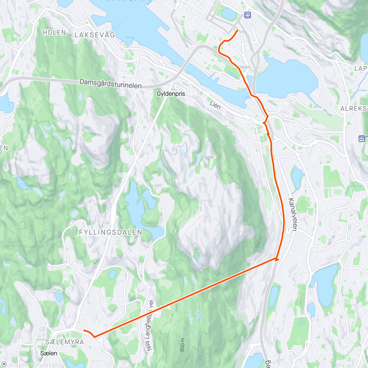 Map of the activity, Oppvarming til kveldsskift NBF: ørnen - Nygårdsparken - kristianborg - Theas tunnel - Fyllingsdalen