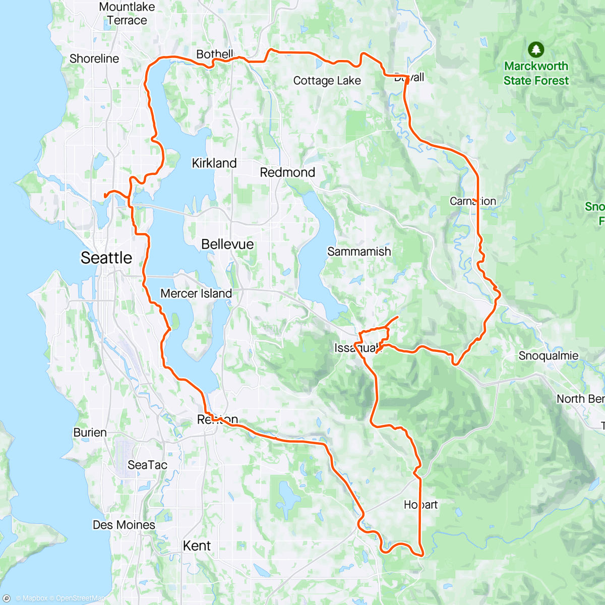 Map of the activity, Sunny Seattle Strade Bianche, lots of gravel, snacks and good times with PKS and Mo (from Issaquah to Carnation)