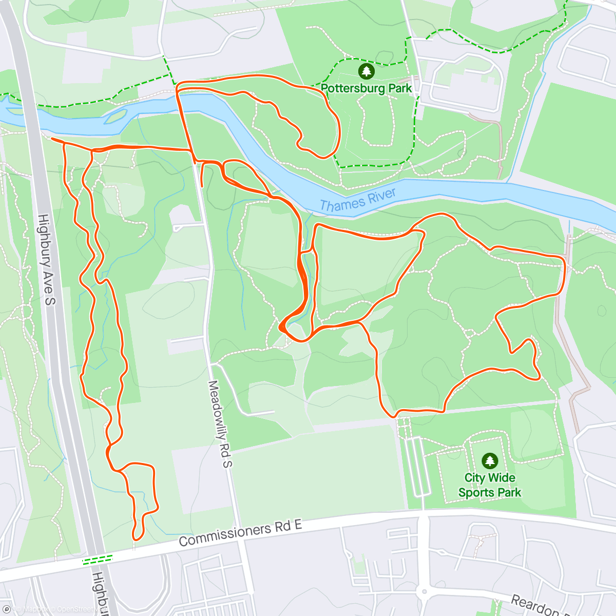 Map of the activity, Rainy trails in London, ON