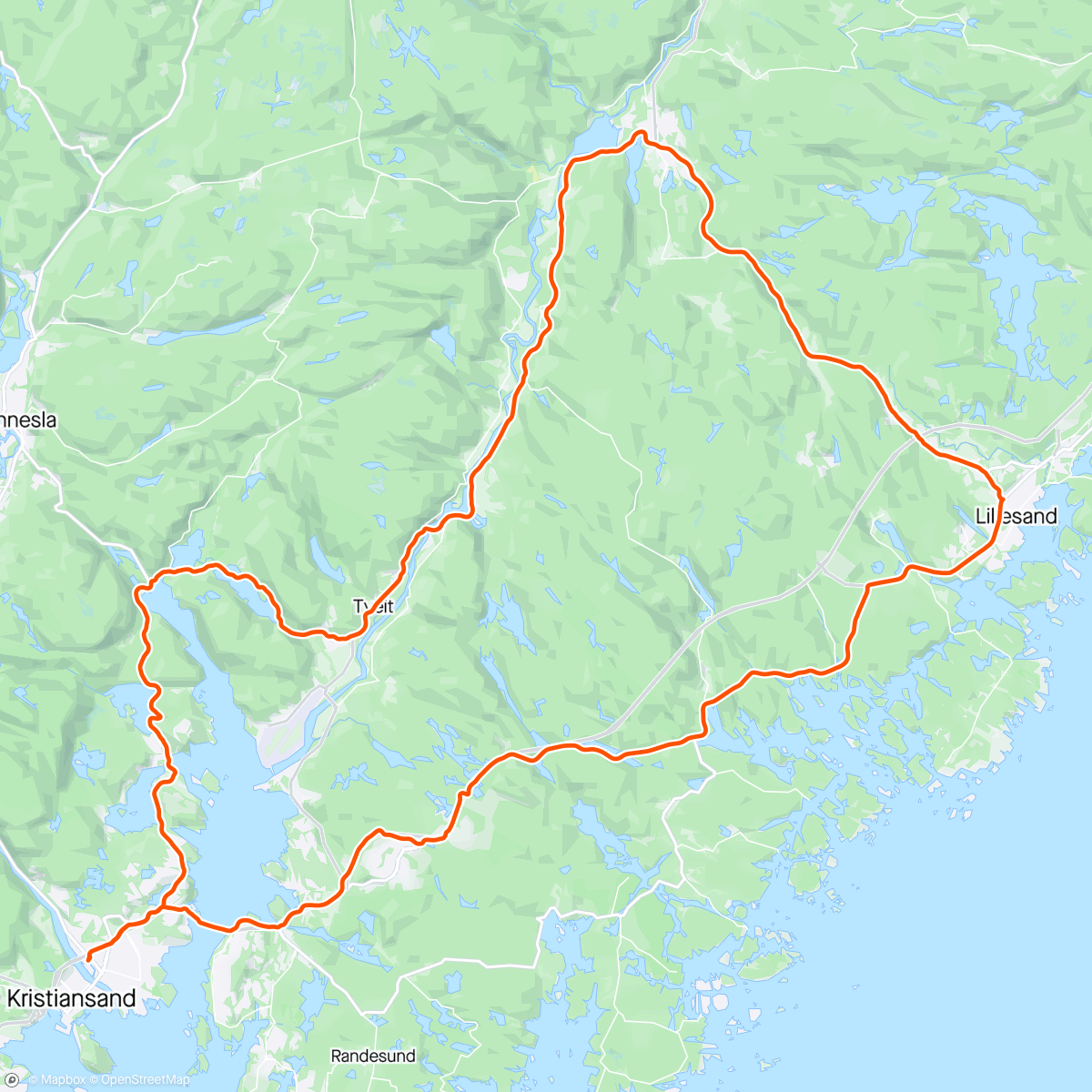 Map of the activity, Om Lillesand og Birkeland på en onsdag🚴🏾‍♂️
