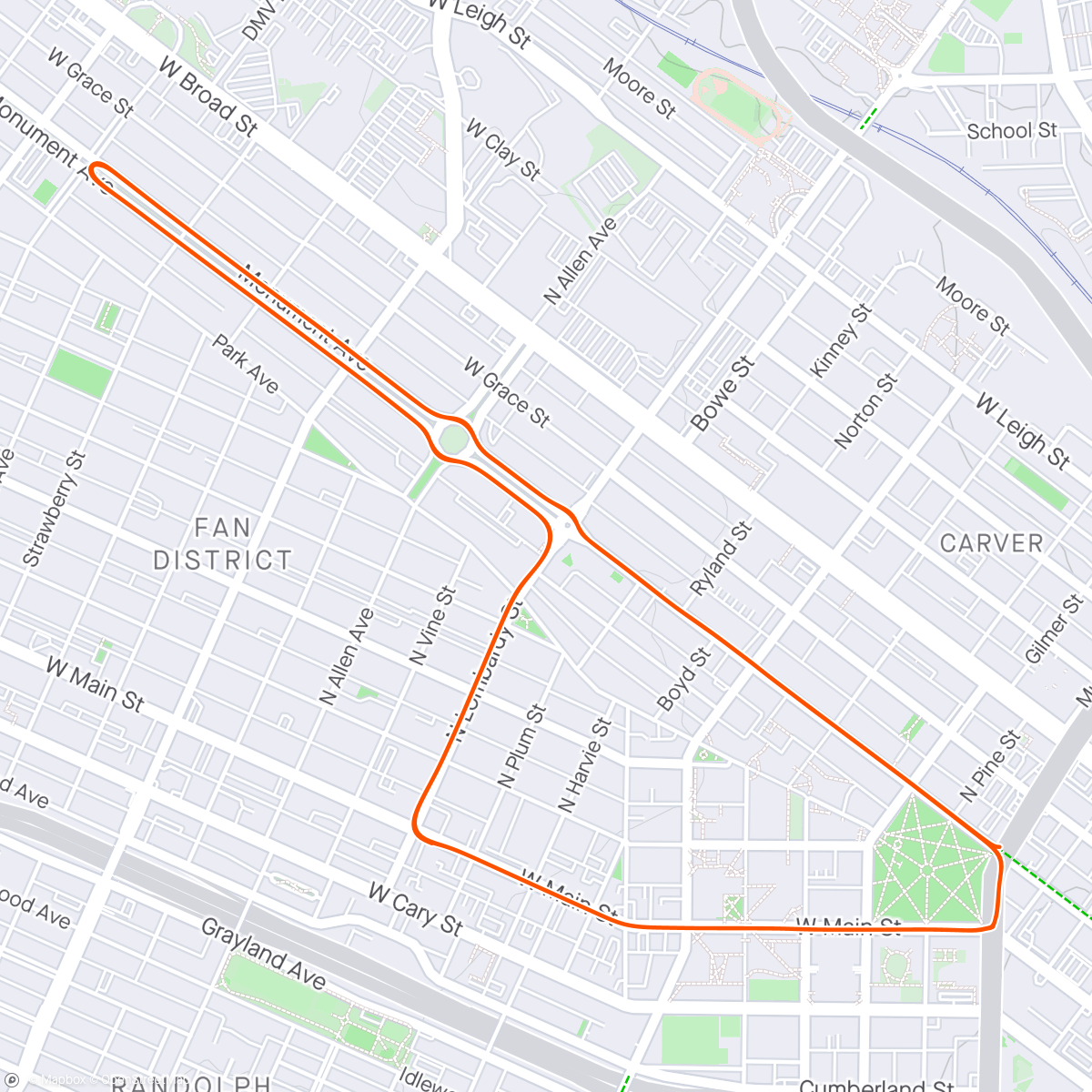 Map of the activity, Zwift - Symmetric Manhattans (2x20x30:15s) in Richmond
