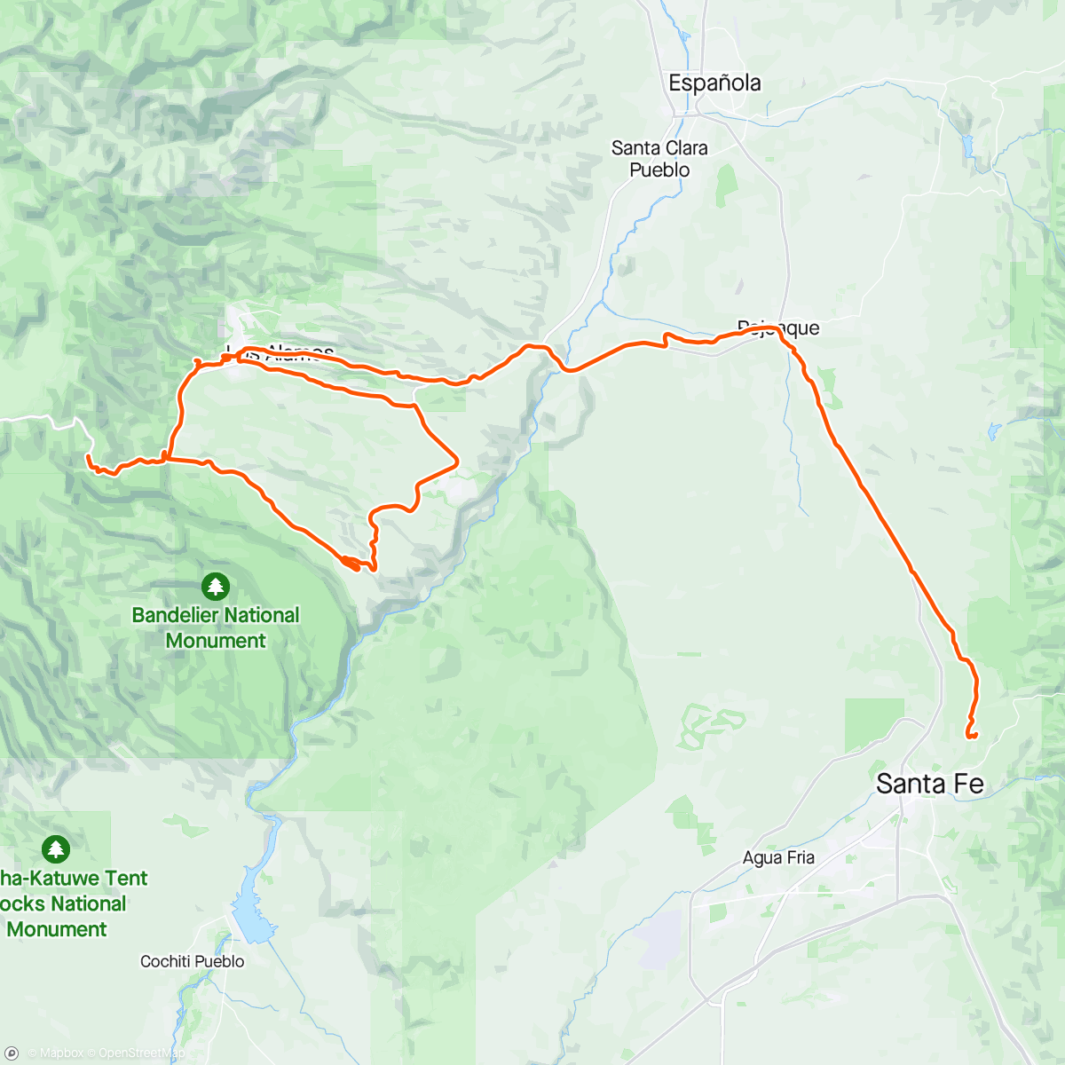 Map of the activity, Santa Fe to Los Alamos + Bandelier National Park