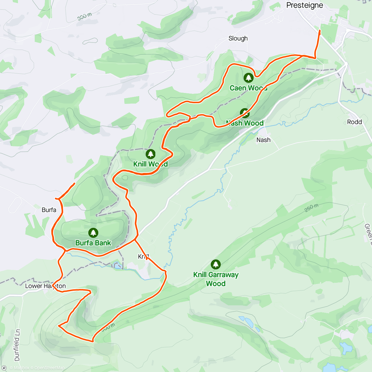 Map of the activity, Long Sunday Run Nash Woods, Knill Herrock Hill back to Presteigne