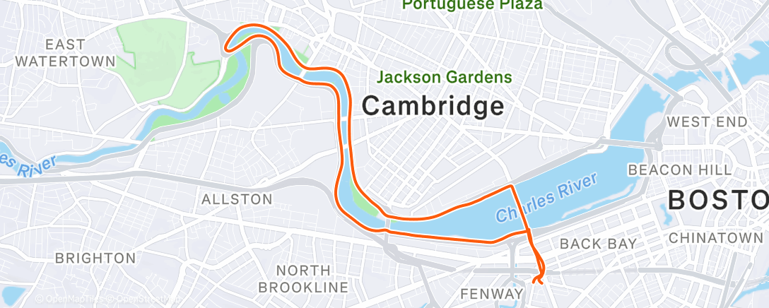 Map of the activity, 4 mi @ 6:00, 1 min jog, 1 mi @ 5:50