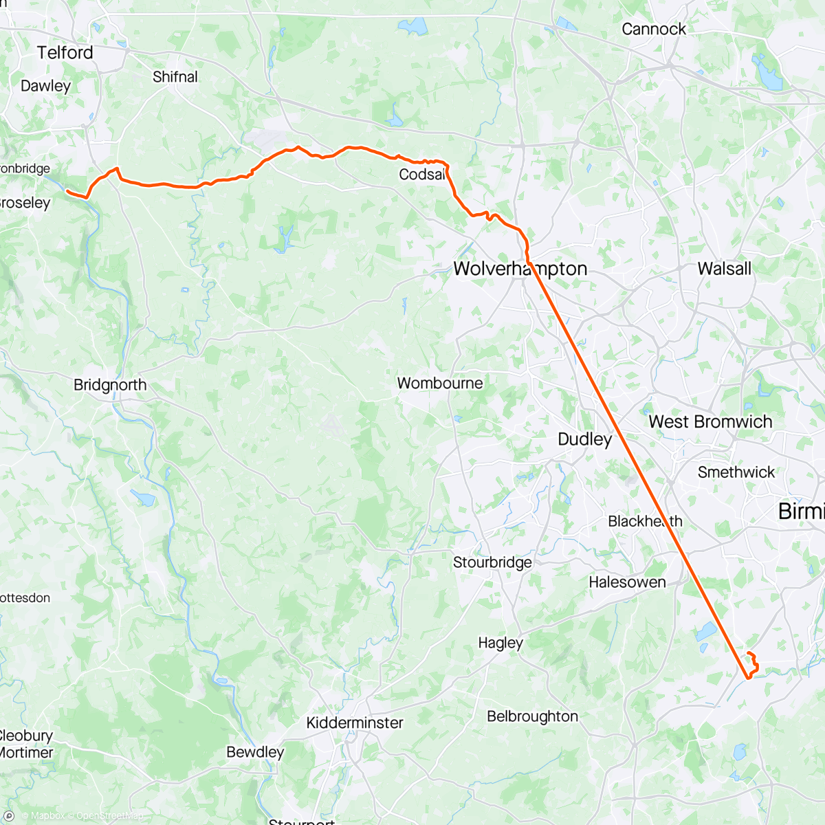 Map of the activity, Beacon RCC two day mini tour. Coalport YHA to Wolverhampton station. The legs gave up