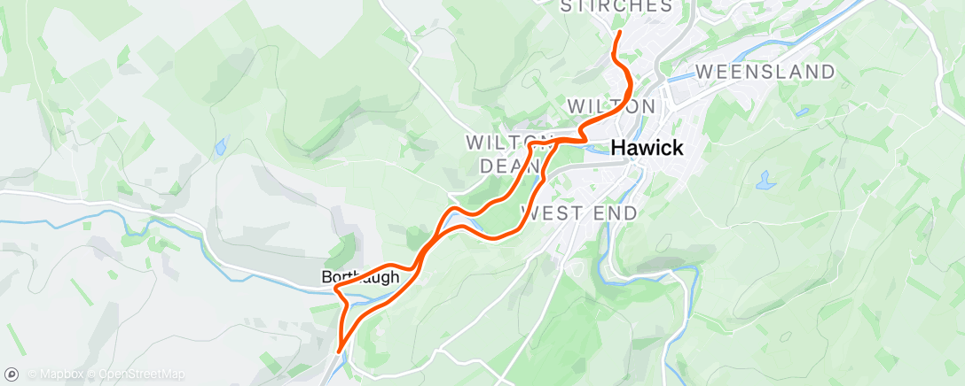 Map of the activity, 4mi WU/1mi @ 10k race pace/1mi WD