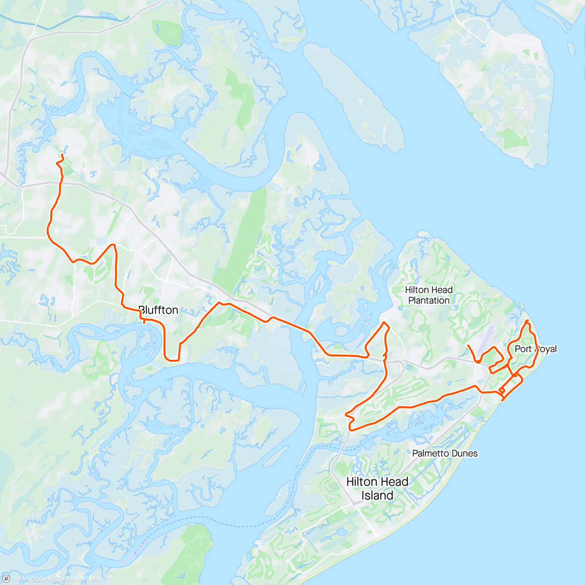 Map of the activity, Bluffton to Hilton Head Island, South Carolina