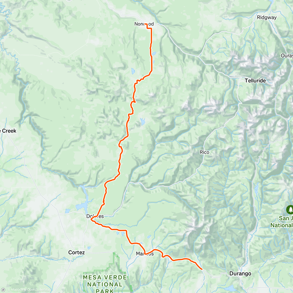 Map of the activity, Durango to Norwood. Headwinds, hail, mud
