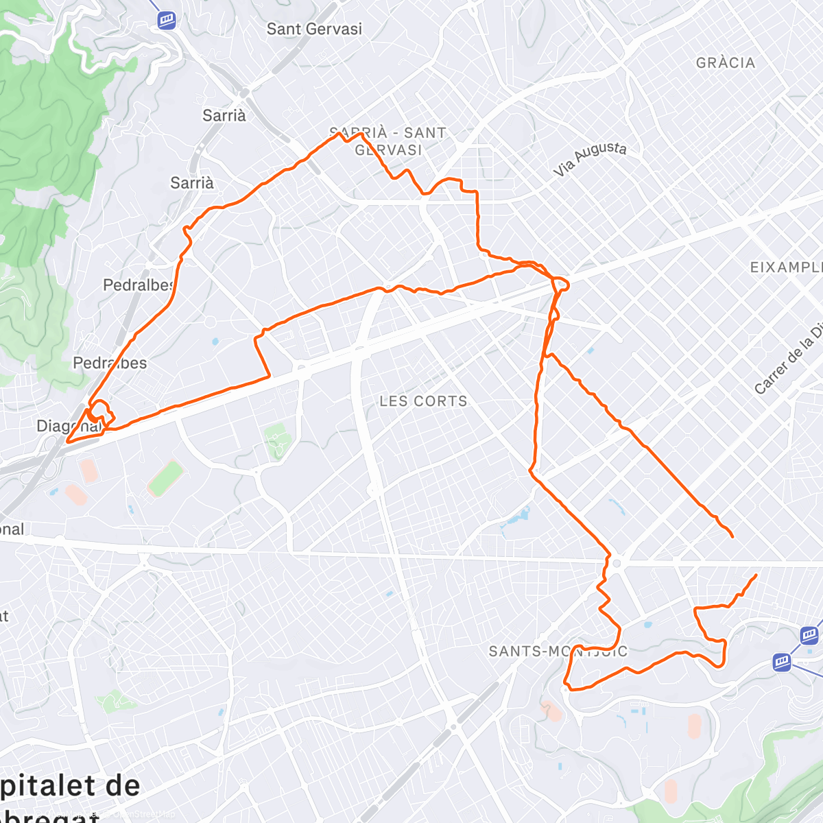 Map of the activity, #anygivensunday sunrise run (#1261 of the post-covid era) towards Park Cervantes and on to Pedralbes monastery & back via Park Turó.