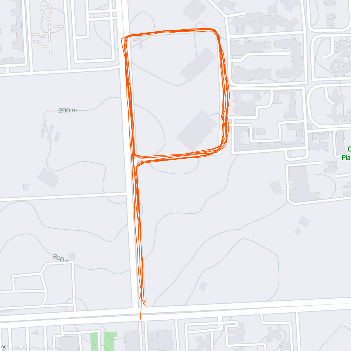 Map of the activity, Attempted to do 3 sets of 10 mins at 5:00 pace with 3 mins recovery