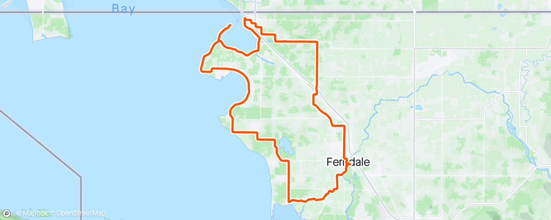Map of the activity, Tuesday Ferndale group ride to Blaine for Tacos (I get the ice cream at Edaleen a block away), then solo to Semiahmoo, Birch Bay, and the Res