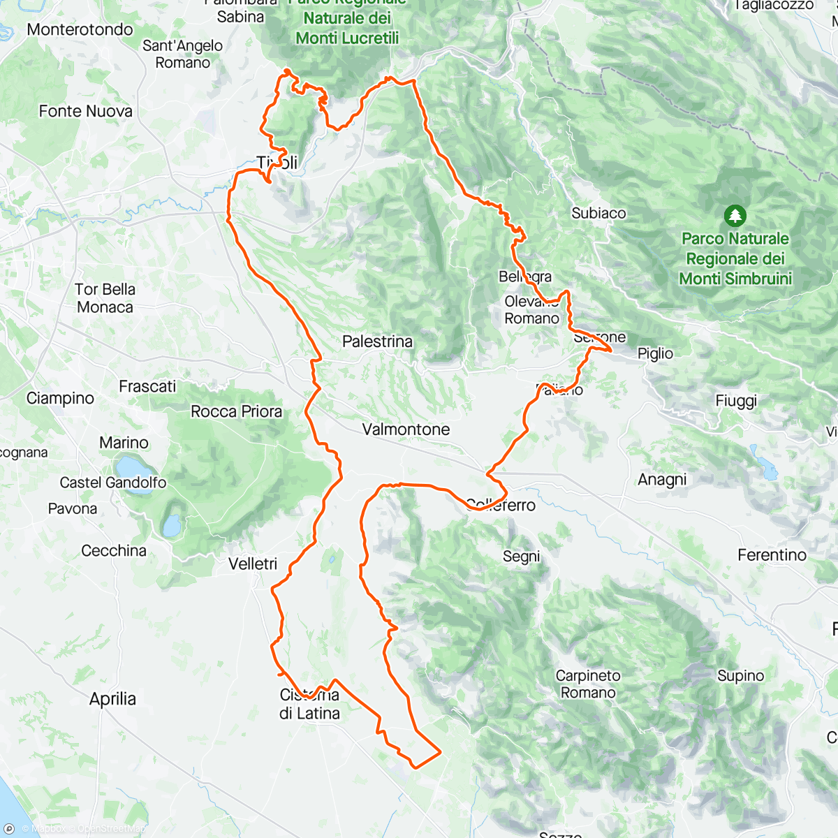 Karte der Aktivität „Monti  Lucretili Monti Simbruini  e uno spicchio  di Monti  Lepini  ....girato girato  qualche  oretta  di acqua☔️ l'ho  presa 😤”