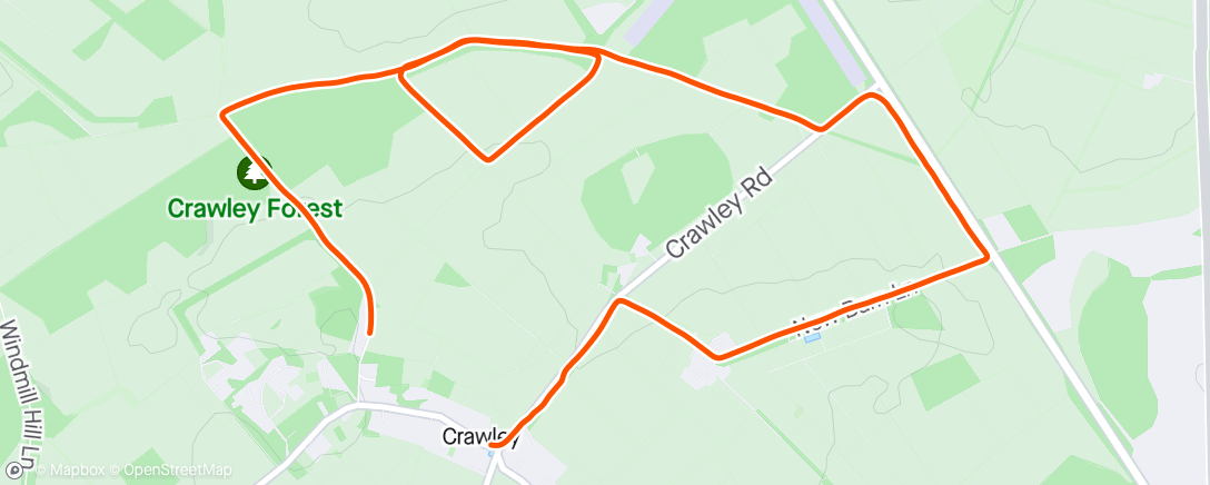 Map of the activity, TP workout - easy-paced 10k through Crawley Woods