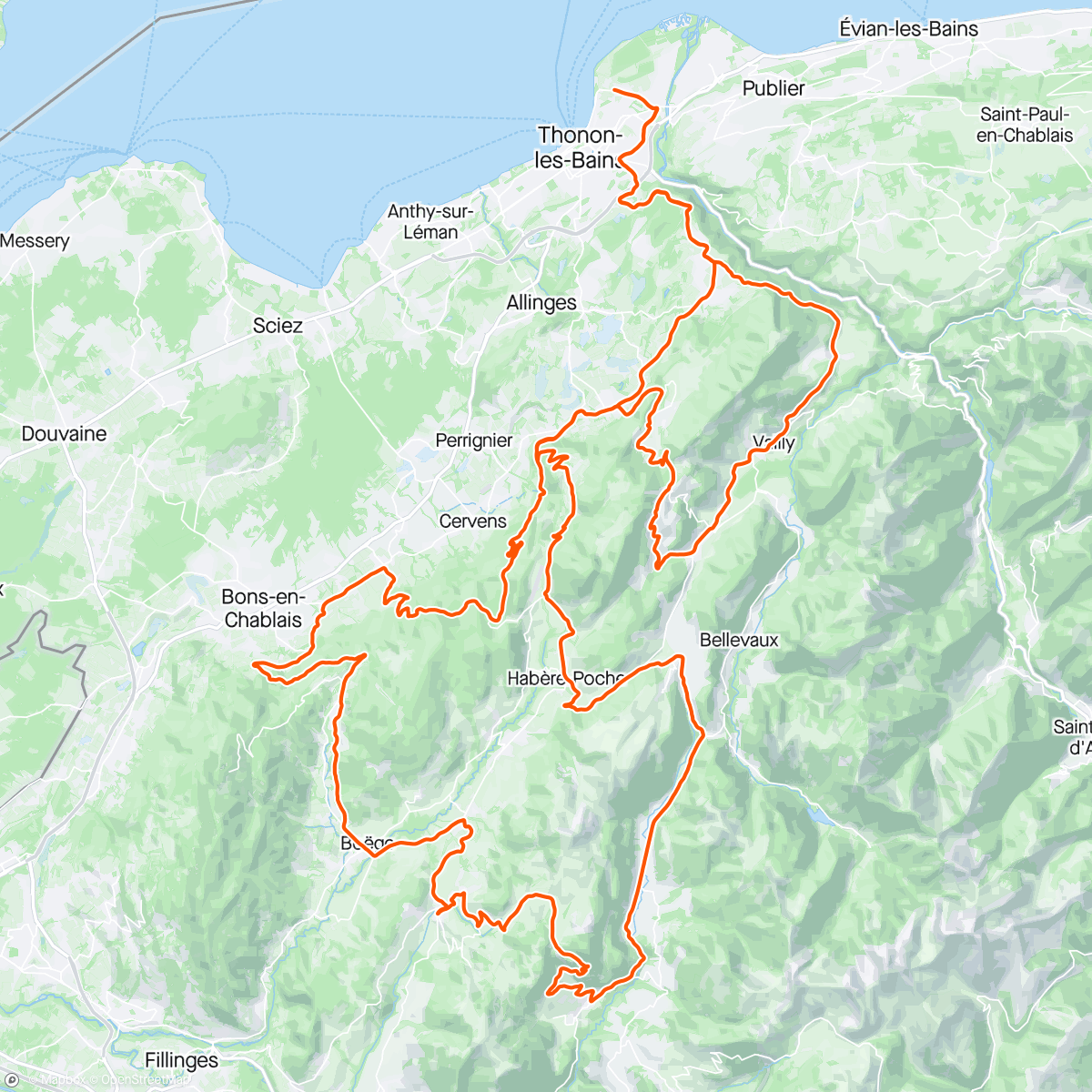Map of the activity, Un départ feu flammes, un parfait enchaînement de cols, une grosse moitié de course avec Jaja, une moy à 29kmh et un top 100, bref c'était la Thonon Cycling Race !