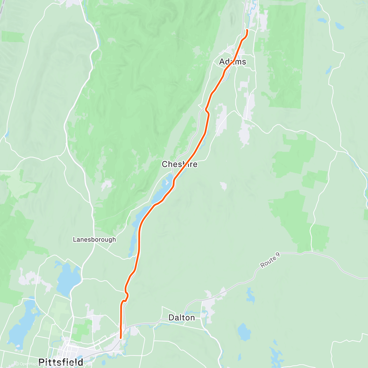 Map of the activity, ROUVY - Ashuwillticook Rail Trail Pittsfield to Adams Massachusetts