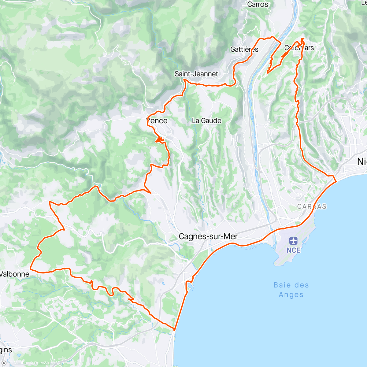 Map of the activity, Vélo du matin.  Colomars,  Nice, La Siesta, Biot, Roquefort Notre Dame, St Paul,  L'Ara, Vence, Chemin de Provence,  La Manda, Colomars.