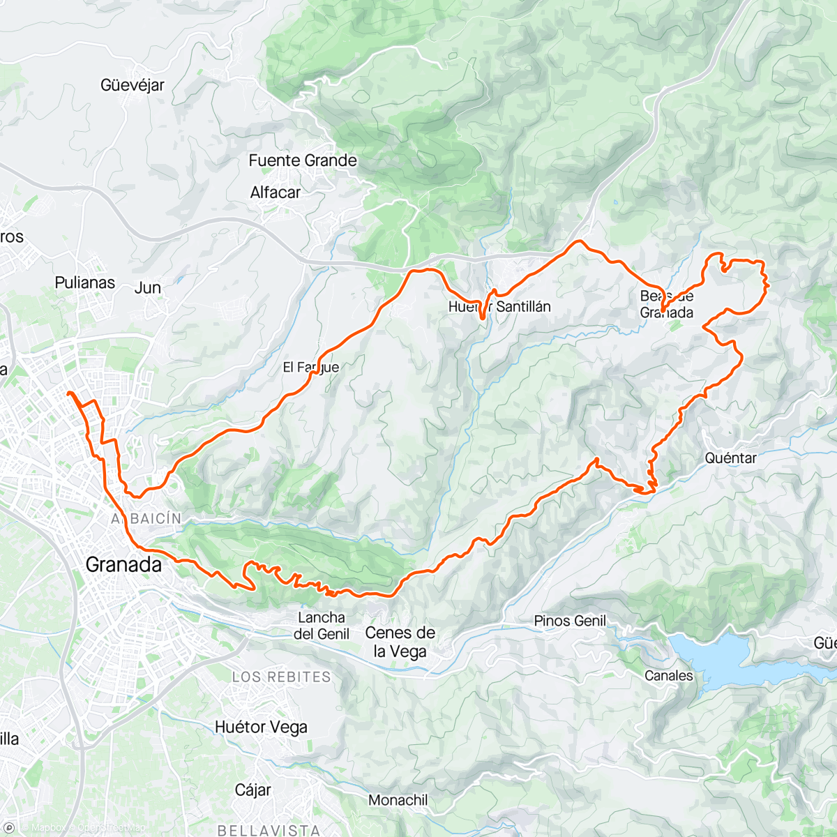 Map of the activity, Generalife,  Barranco del Abogao, Dudar, Cerrillos de Beas de Granada, Huetor Santillan, El Fargue, La Ermita,  Granada.
