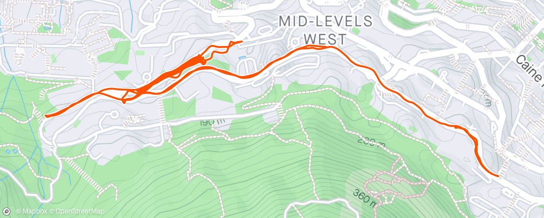 Map of the activity, 20min WU, 3min Rest, hill repeats 1 min on 1.30 back to start x10, 10min cool down