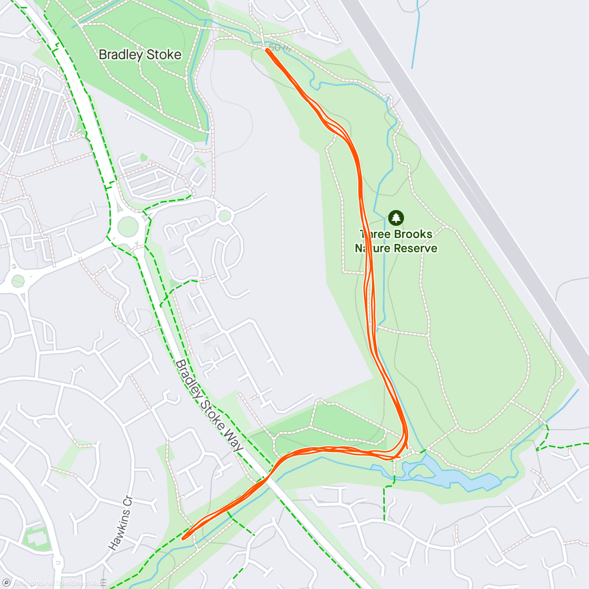 Mapa da atividade, Three Brooks Parkrun