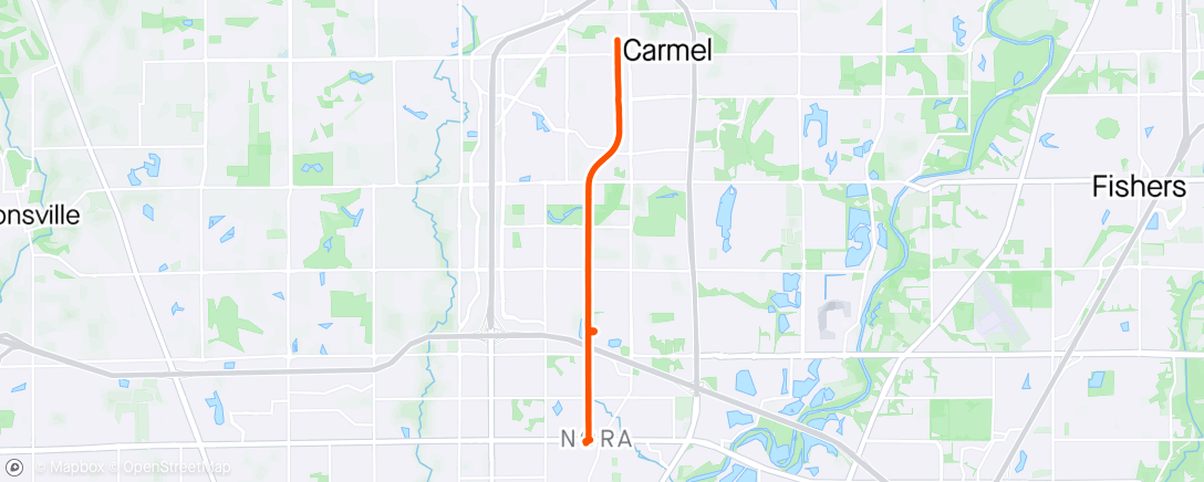 「Monon Trail bike ride with Amos & Bella! Fun out and back to downtown Carmel. Beautiful morning and so many people out walking/running/biking/roller skating/etc...」活動的地圖
