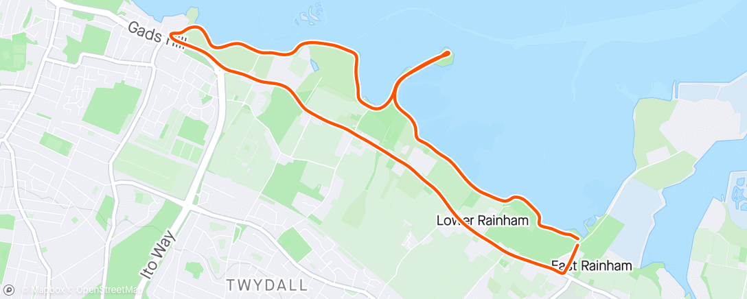 Map of the activity, 50 min riverside run - first mile with Rachel