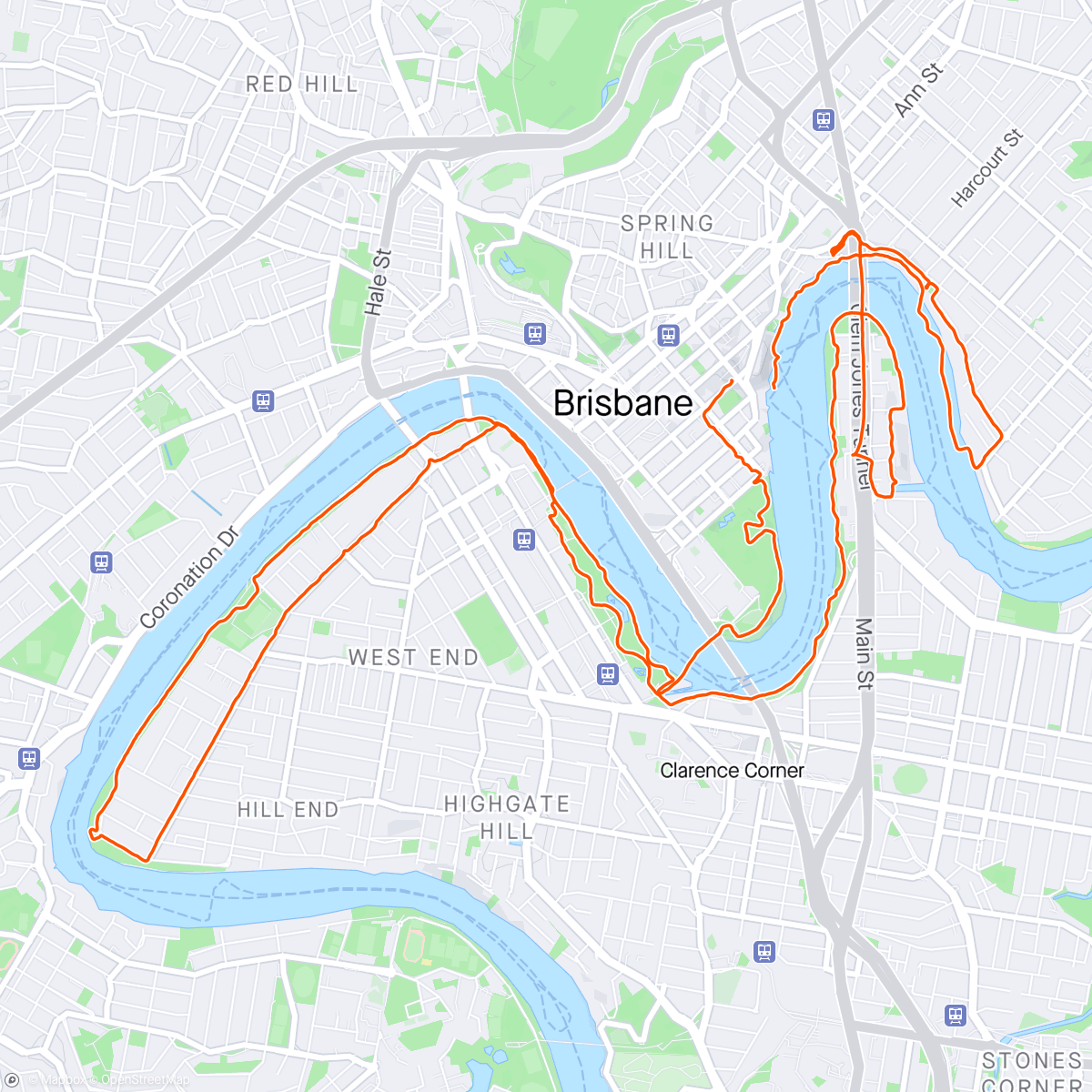 Map of the activity, Evening Run Brisbane Running (2hr Mid Week Long Run inc 3ea HSW Stairs & Ivory Lane)