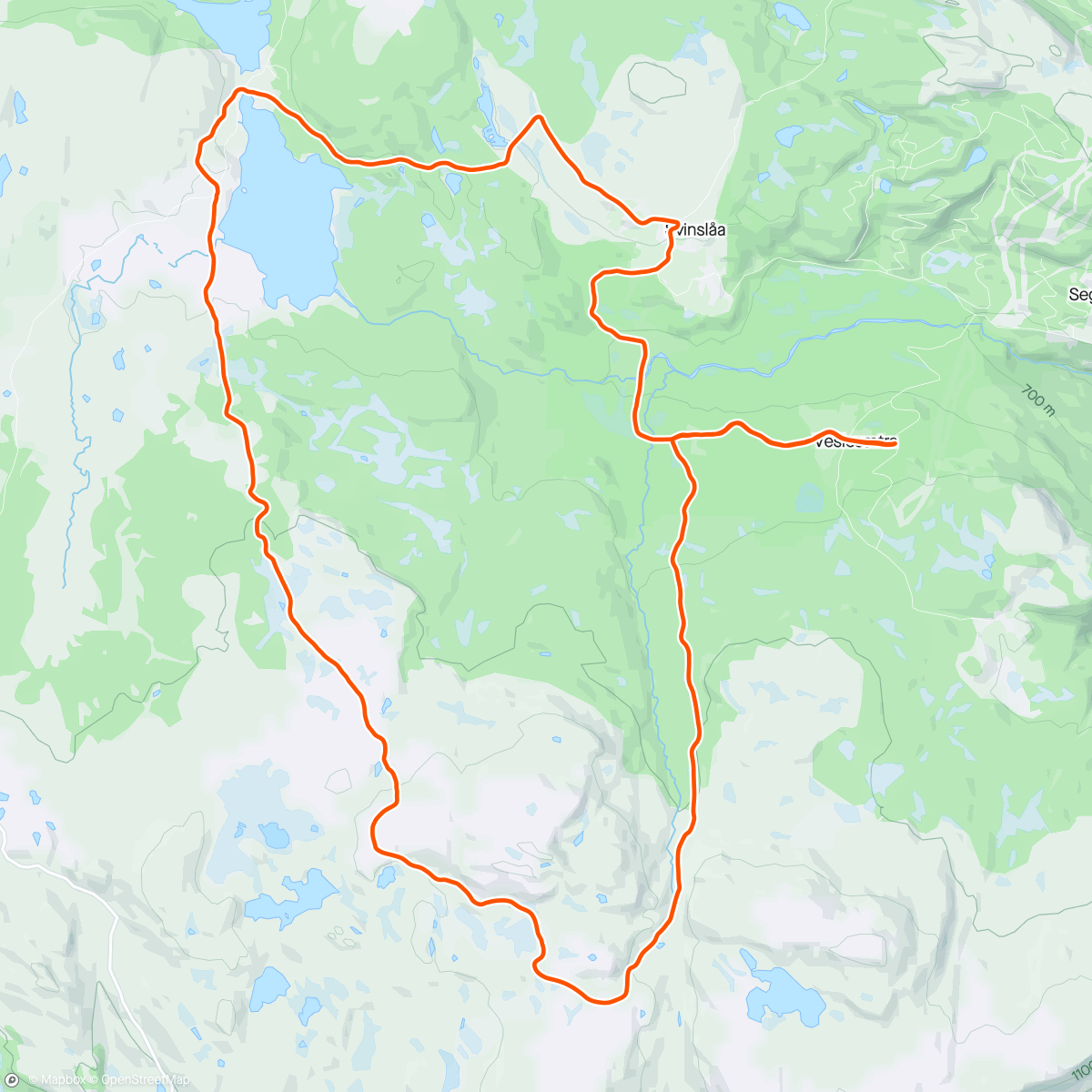 Map of the activity, Svinslåa-Vendalen-Rognhøgda-Skarbua-retur ned Bjørkelia