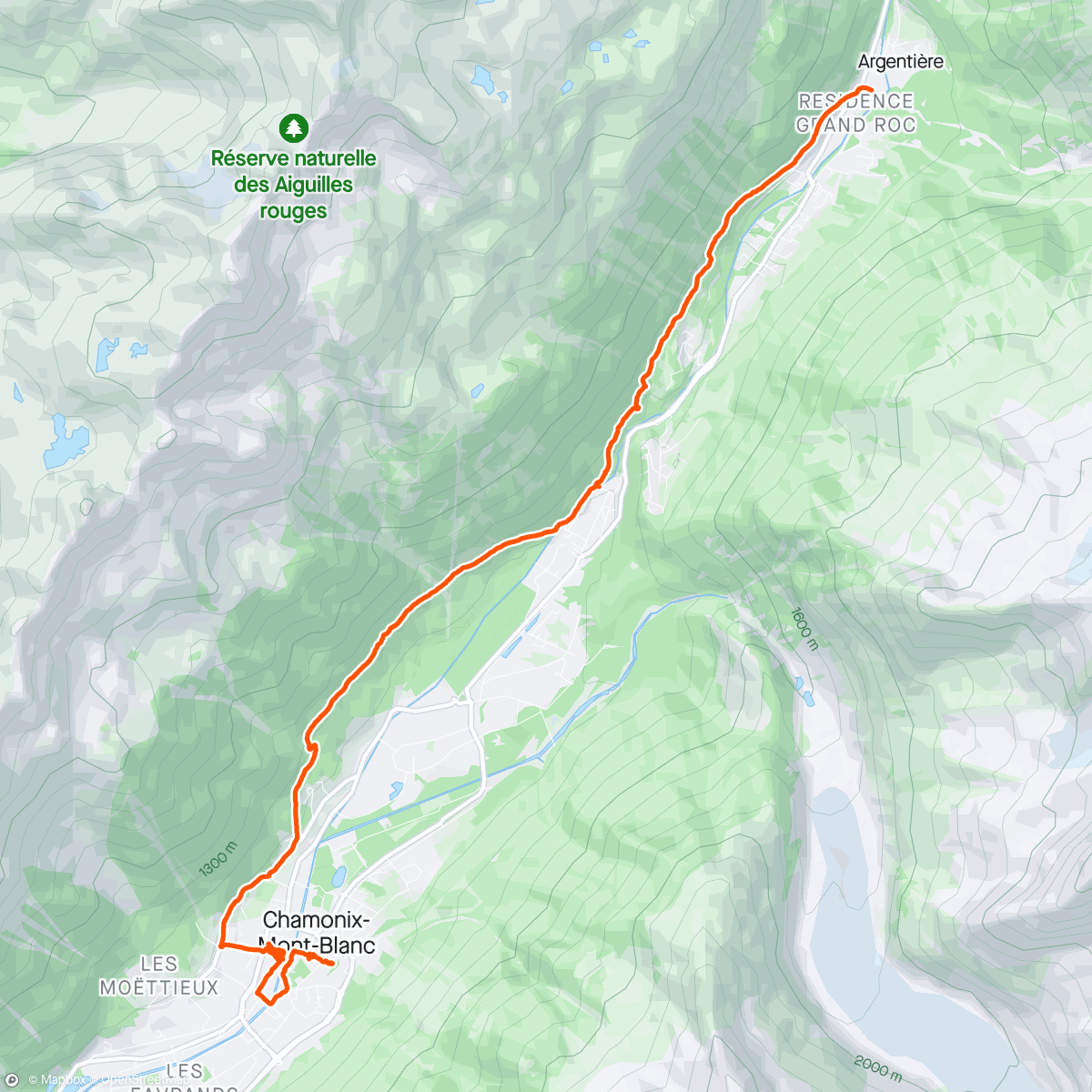 Map of the activity, Chamonix time! Kept it low and dry, hiking from Argentiere to Chamonix, train back to Buet on the Mont Blanc Express🚂🏔️