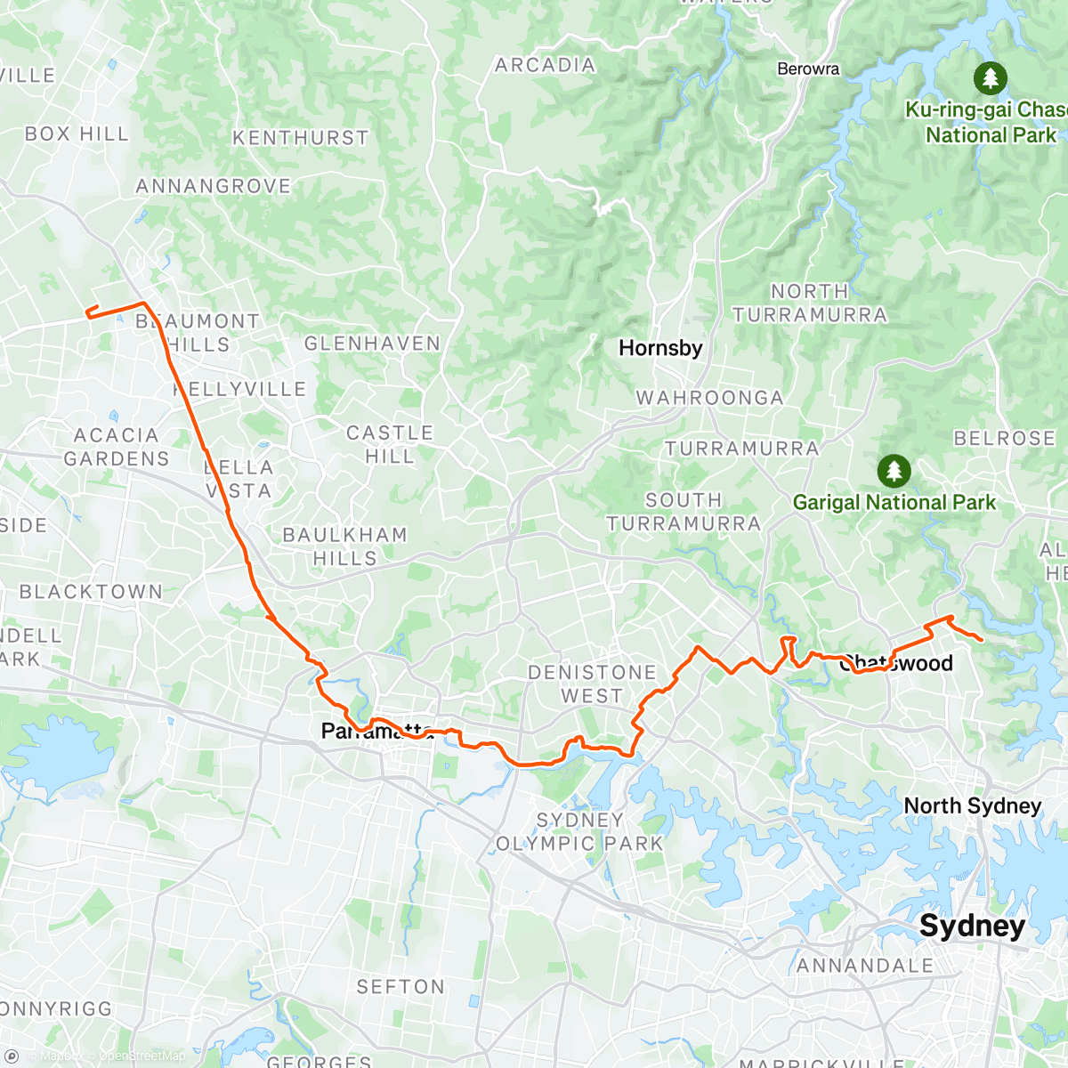 Mapa de la actividad (First ride to Tallawong of 2026 | Parra Cycleway was almost empty today, everyone went over to the greenway (Tallawong))